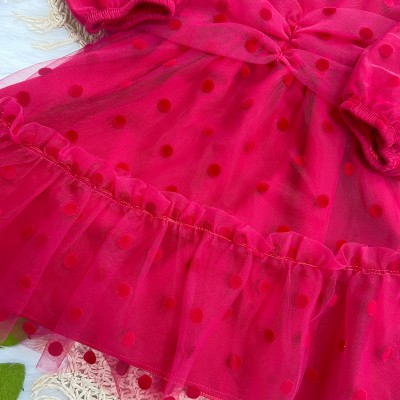 Vestido Manga Longa Tule com Bolinhas - Vermelho